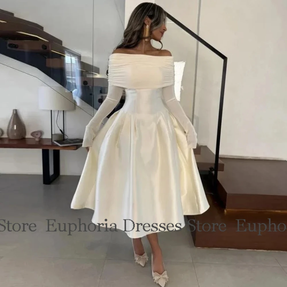 A-Linie Damen-Cocktailkleider 2025, schulterfreies Satin-Abschlussballkleid, elfenbeinfarbene Falte, gerüscht, maßgeschneidertes Anlasskleid, Midi – Detail 2