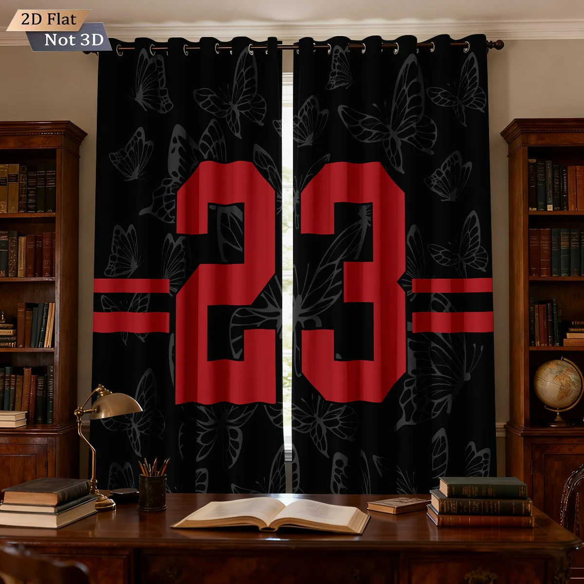 Large Black Butterfly Floral Print Red Number 23 Curtains for Living Room Bedroom Anniversary Celebration Window Drapes