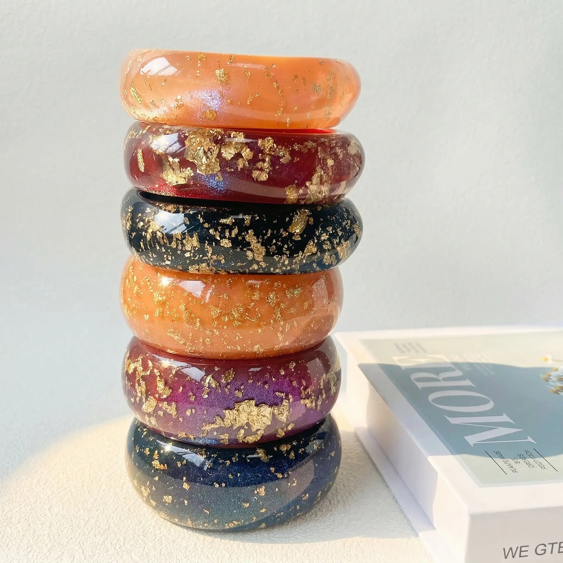 Fashion Gold Foil Irregular Geometric Resin Cuff Bangles for Women Girl Acrylic Wide Bracelets Bangle New Summer Jewelry ﻿