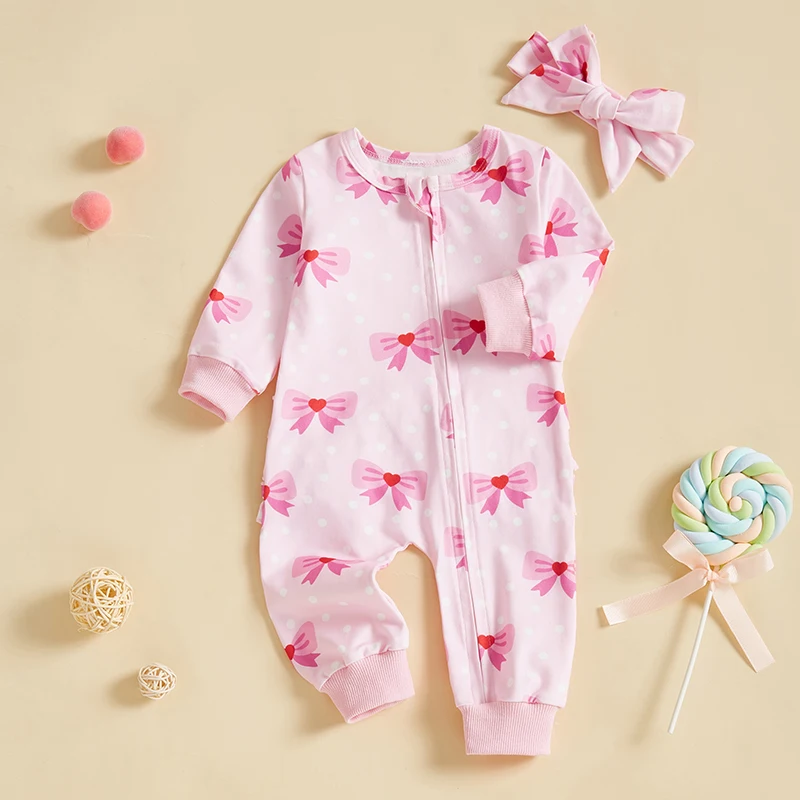 Newborn Baby Girl Romper with Bow Headband 2 Pcs Set Bow Dot Pattern Crew Neck Long Sleeve Zip Up Jumpsuit