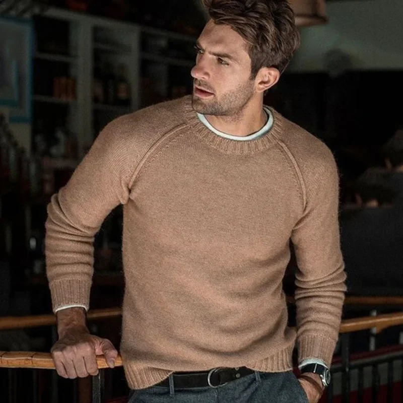 Suéter con cuello redondo para hombre, Jersey de punto de manga larga, Color sólido, informal, urbano, diario, otoño e invierno, 2023