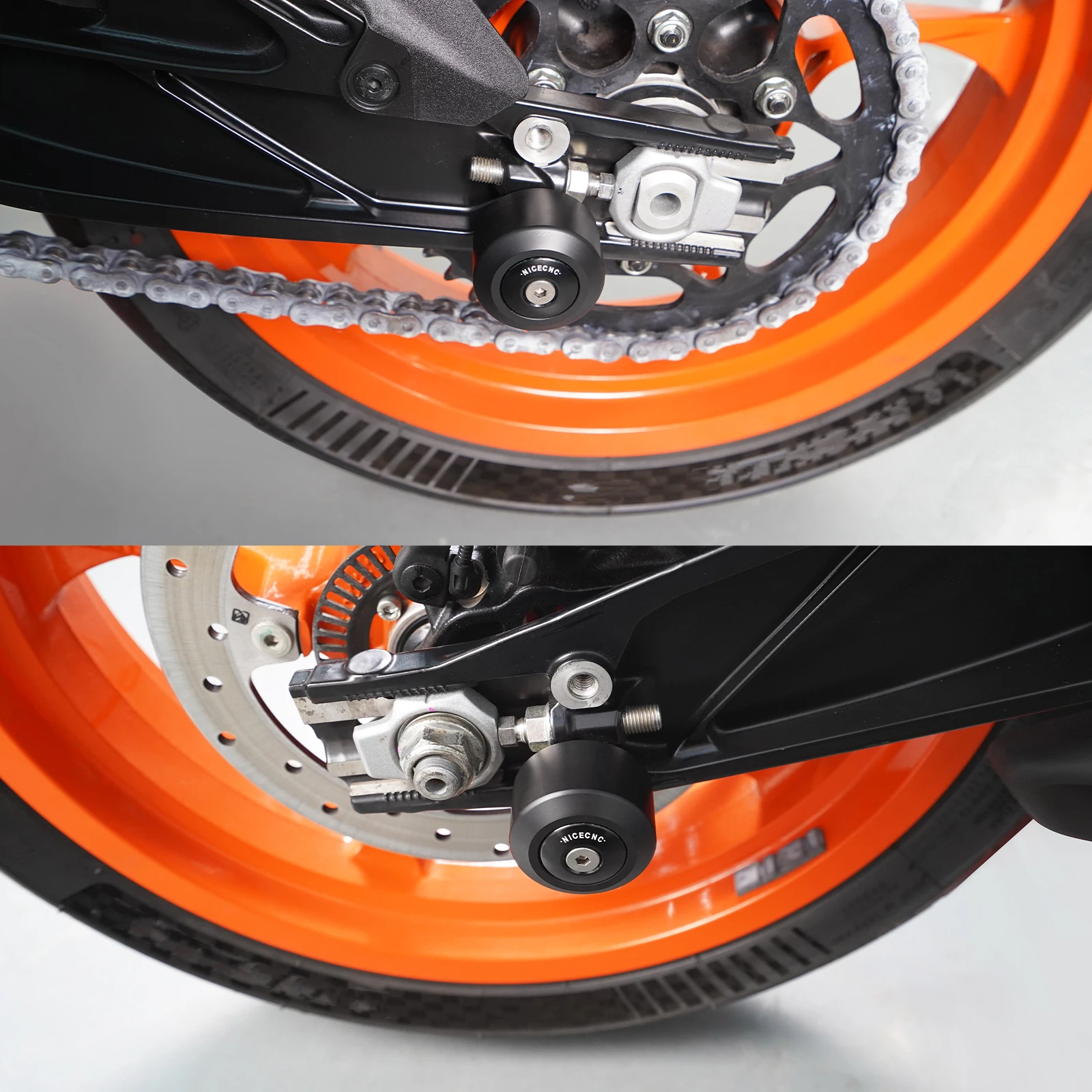 NICECNC Für KTM 390 Adventure R RC 390 390 Enduro R 390 SMC R 2025 250/390 Duke 2024-2025 Vorderachsen-Slider Hinterer Schwingen-Slider – Detail 20