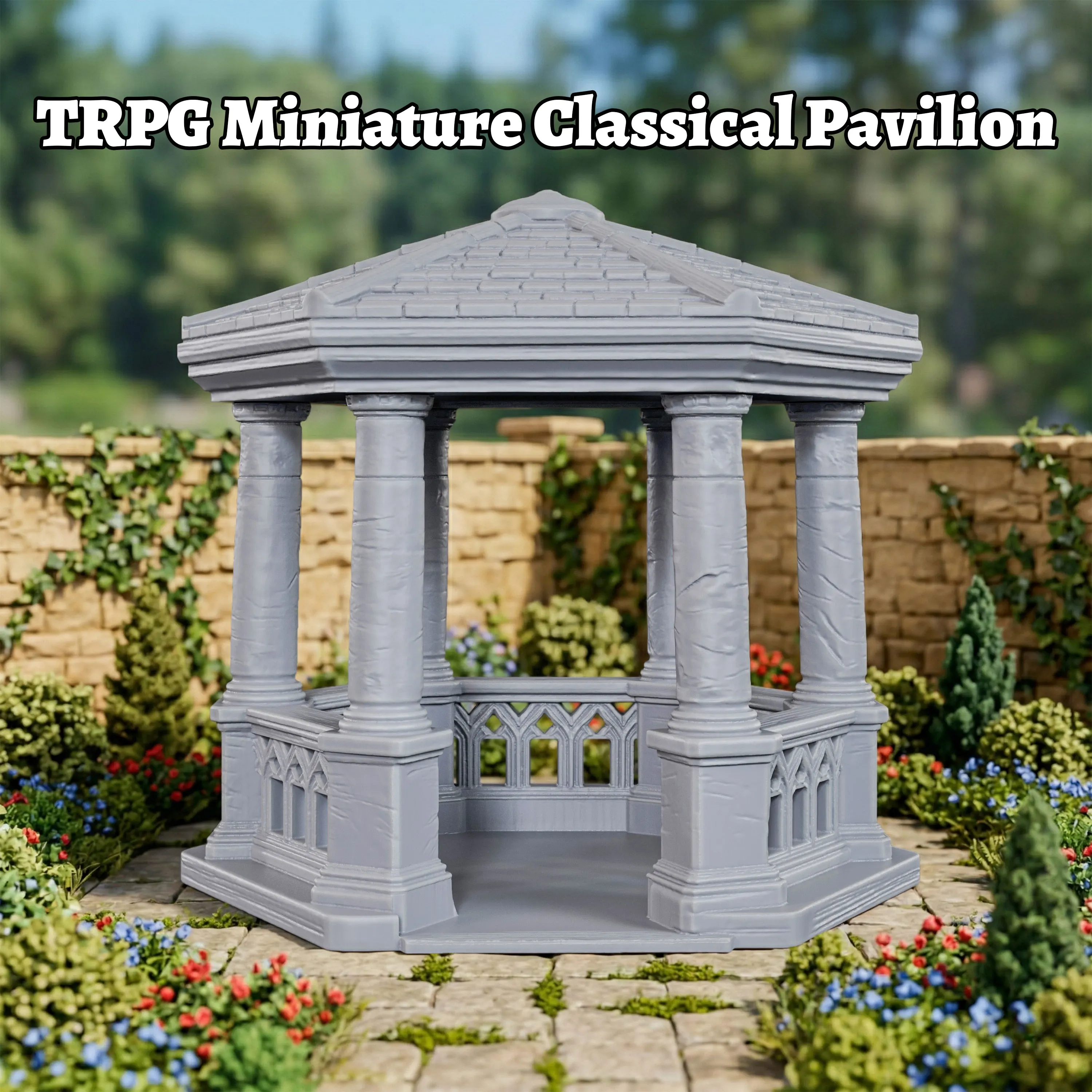 

RPG Classical Pavilion Miniature Terrain Set , Gothic Stone Garden Gazebo with Pillars, Easy to Paint & Assemble, 25mm/1:64