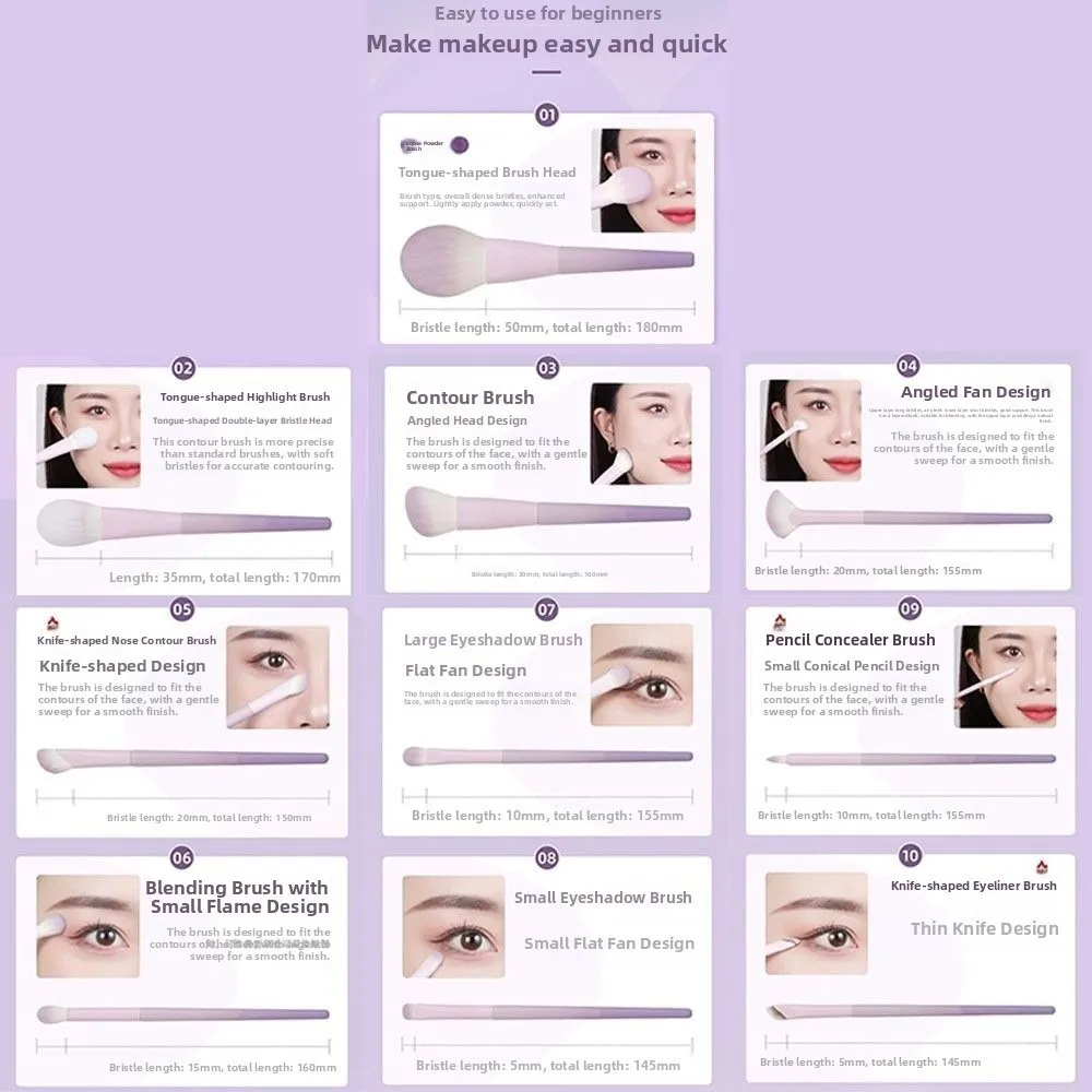 Ensemble de pinceaux de maquillage synthétiques, 10 pièces, durables, Super doux, faciles à nettoyer, pour Blush, bord, Eyeliner, pour débutants