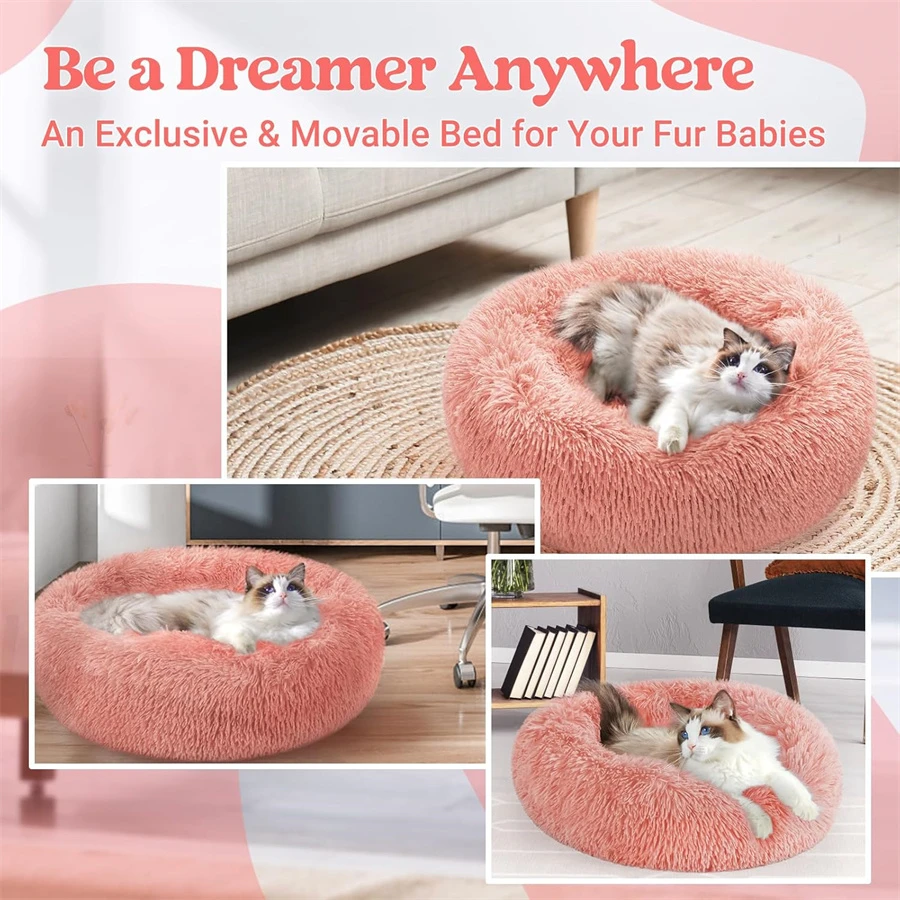 Weiches, langes Plüsch-Katzenhaus, Hundebett, beruhigendes, warmes Kunstfell-Bett, Donut-förmiges, komfortables Schlafbett, waschbar für kleine und mittelgroße Hunde und Katzen – Detail 9