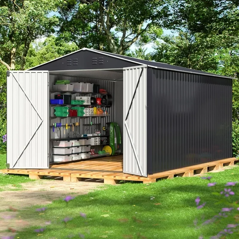 Polar Aurora Cobertizo de almacenamiento para exteriores de 8 x 12 pies, cobertizo de jardín de metal con estructura de marco actualizado, cobertizo de herramientas para patio trasero