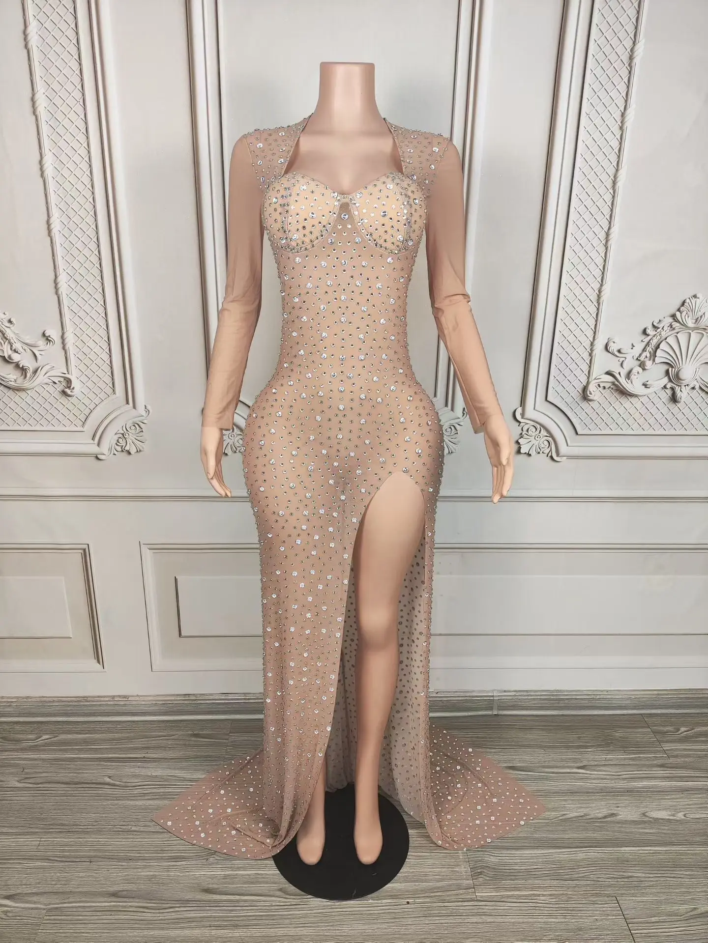 Elegant Nude Mesh High Side Slits Floor-length Dress Sparkly Rhinestone Evening Dress Gala Prom Red Carpet Evening Gown Haifeng