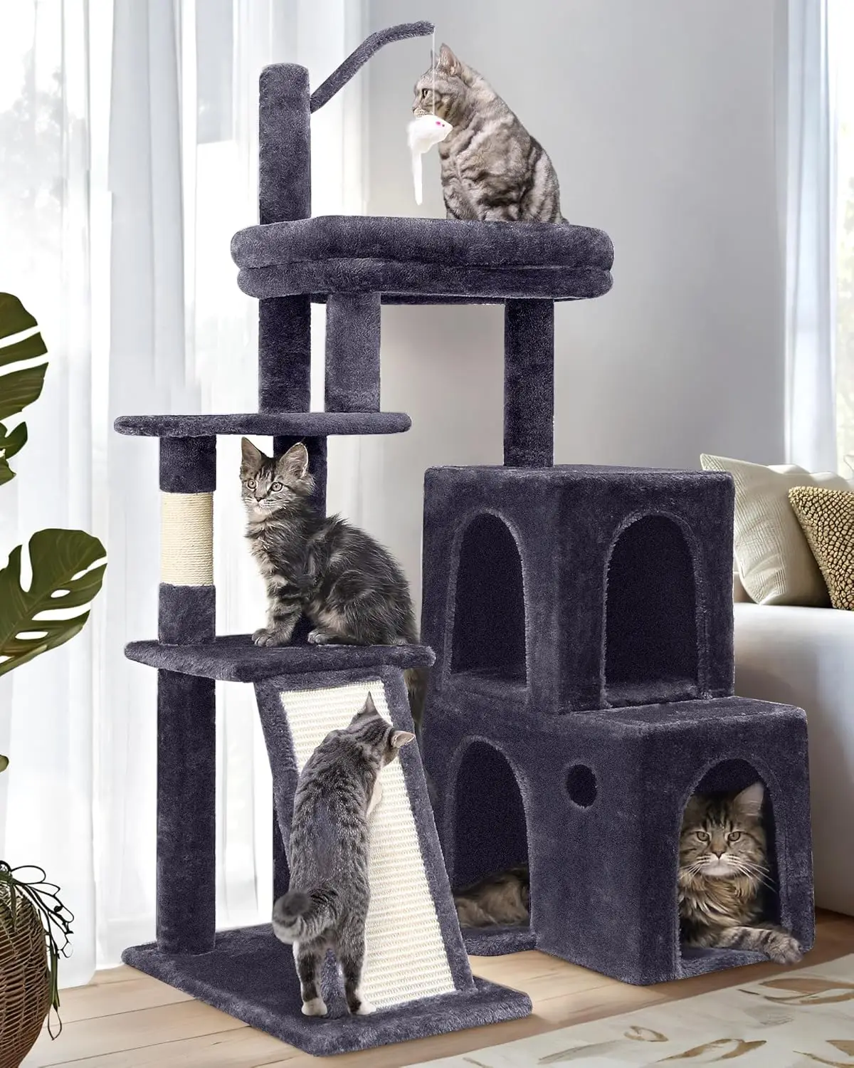 

50-inch Heavy Duty Cat Tree House for Large Indoor Cats with Extra-Large Padded Platform, Sisal Scratching Board, and 2 Condos