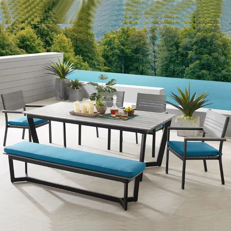 Outdoor Furniture Modern Extendable Glass Aluminum Dining Set  for Hotels Courtyards Parks with Stackable Chairs and Bench