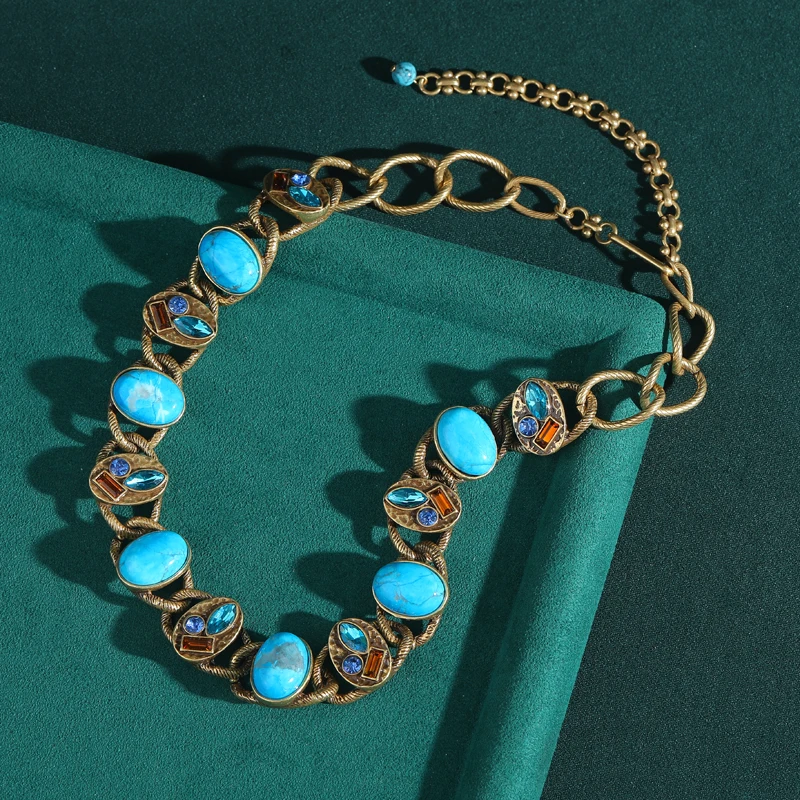 

Vintage Turquoise Blue Stone Necklace Antique Gold Color Chain Colorful Crystal Jewelry 2025 High Quality Luxury Designer New