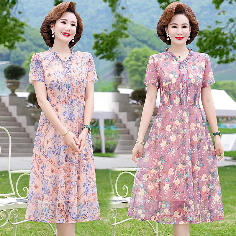 

Dignified Temperament Short Sleeve Printing Dresses Loose Gauze Fashion Casual Korean Thin Spring Summer Women's Clothing