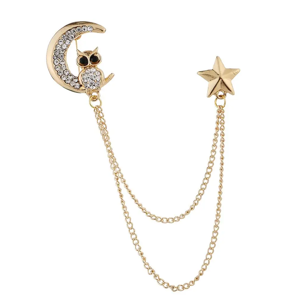 Fashion Owl Suits Brooch Pin Alloy Tassel Chain Men Shirt Collar Badge Jewelry for Elegant Occasions
