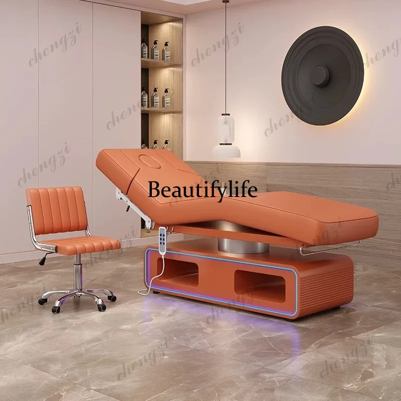 Electric beauty bed with LED lights, armrests, bendable legs, wooden base, light luxury and simple