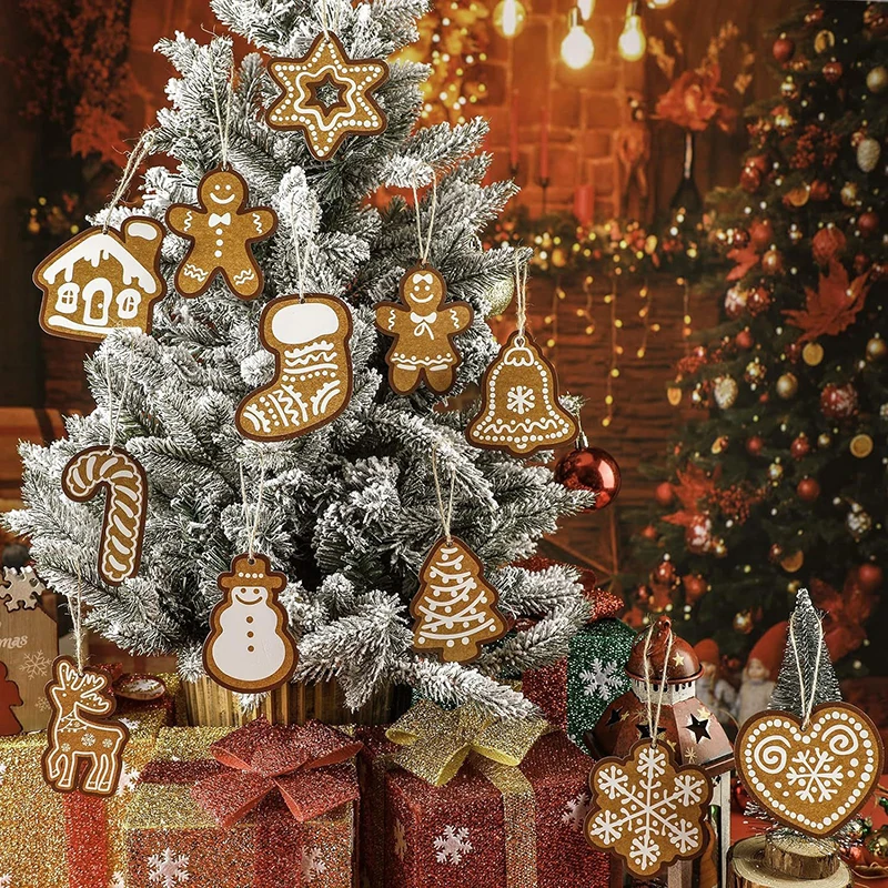 12 Teile/satz Weihnachten Dekor 2024 Kraft Papier Hängen Label Lebkuchen Mann Schneeflocke Schneemann Elch DIY Weihnachten Dekoration 2025 Haus