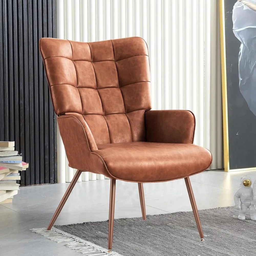 Leather Accent Chair, Brown Living Room Chair,High Back Accent Chair,PU Faux Leather Wingback Chair, Bedroom Chair