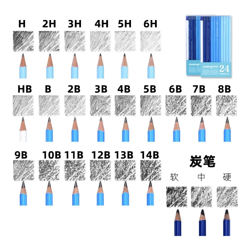 Sketch Pencil Set 12/24pcs HB-14B Soft Medium Hard Charcoal Pencils for Beginners Student Professional Drawing Sketch Supplies
