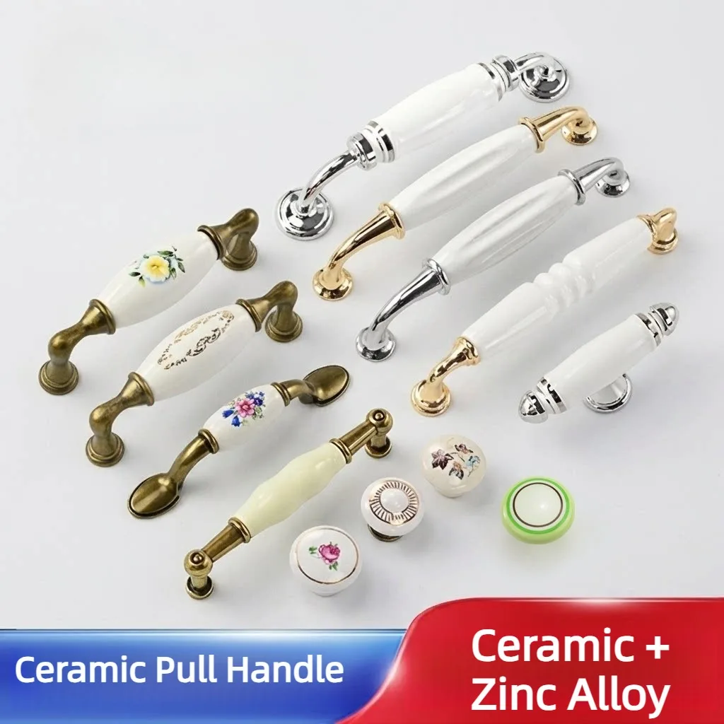 European Pastoral Ceramic Cabinet Knob Zinc Alloy Single Hole Minimalist Style Kitchen Wardrobe Bedroom Furniture Hardware