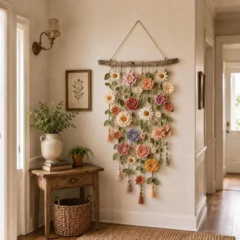 Boho Handmade Cotton Floral Crochet Macrame Hanging Decoration for Wall Indoors Or Porch Natural Linen Look Mellow Ambiance