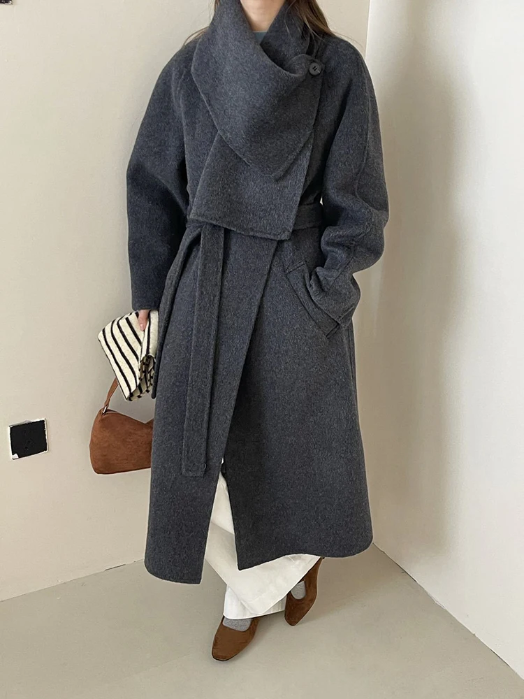 YERMORA Beige Removable Scarf Casual Warm Woolen Coat For Women Long Sleeve Loose New Overcoat Fashion Tide Autumn Winter 2025