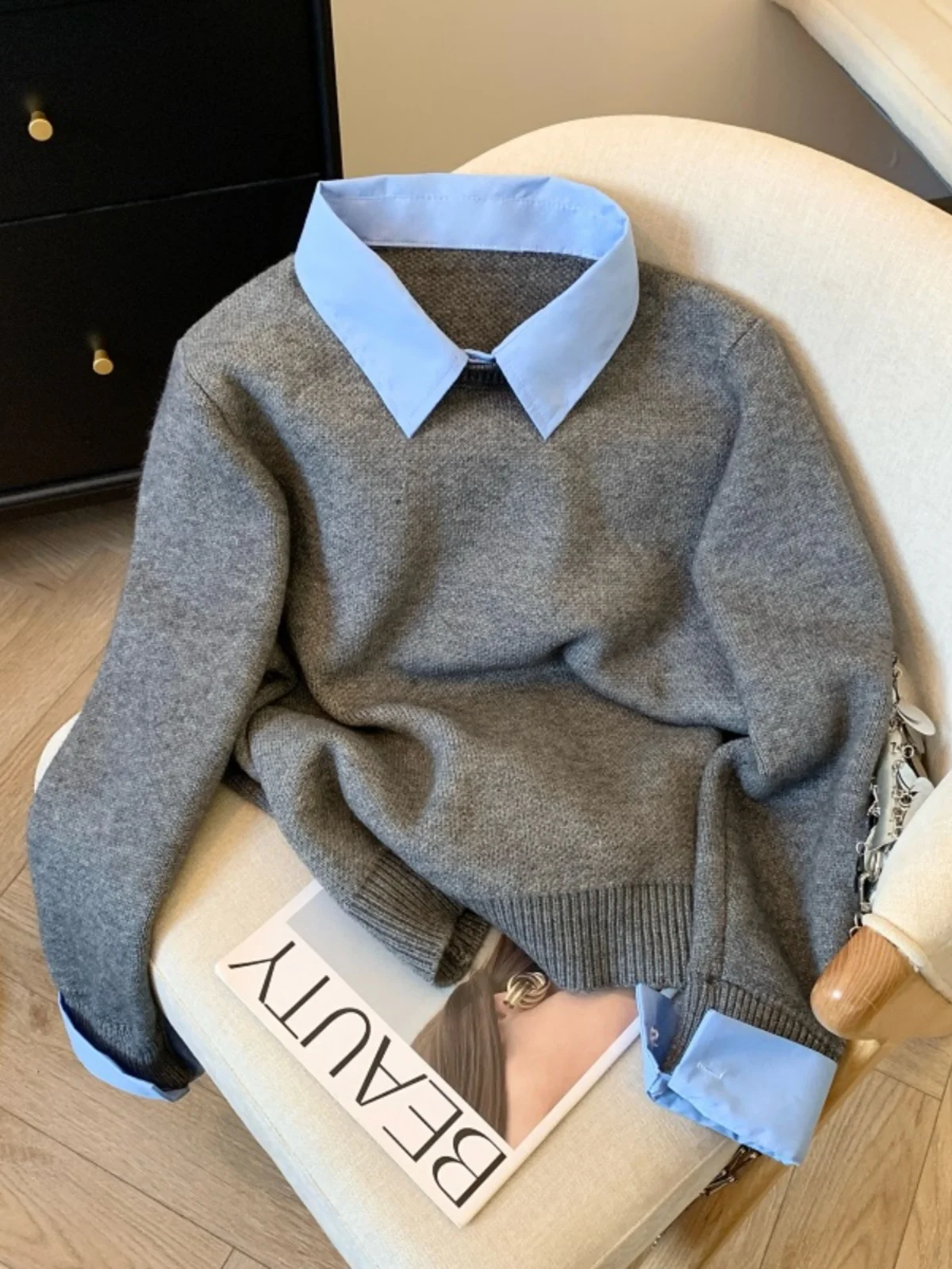 

Loose Knitted Sweater Women's Autumn Winter Lazy Sle Fake Two-Piece Collar Long Sve ort Length Color Top