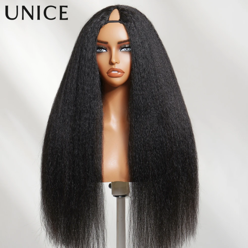 UNICE Kinky Straight V Part Wig With Drawstring Real Scalp Seamless Blend V Shape Upgrade U Part Human Hair Wigs 150% Density