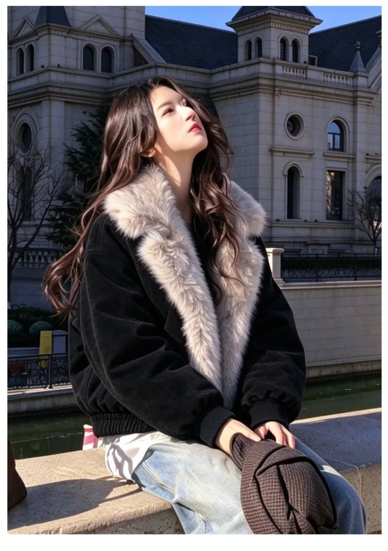 2026 Fashion Down Cotton-padded Jacket Women's Winter Coats Long Fur Collar Short Parkas Thicken Warm Streetwear Loose Outerwear