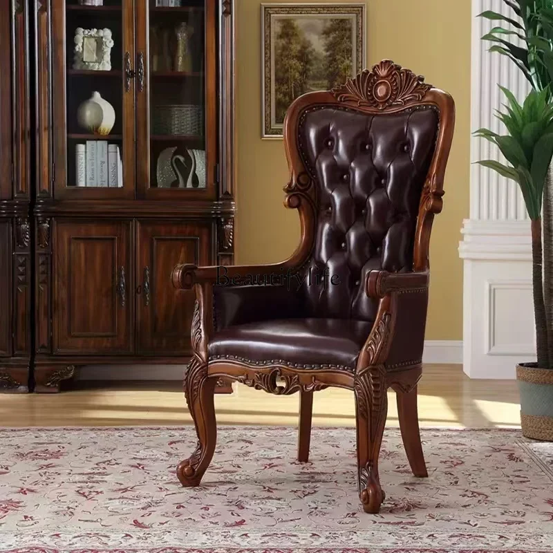 

yj19 American Style Solid Wood Leather Tiger Chair Balcony Study Living Room Sofa Chair European Style