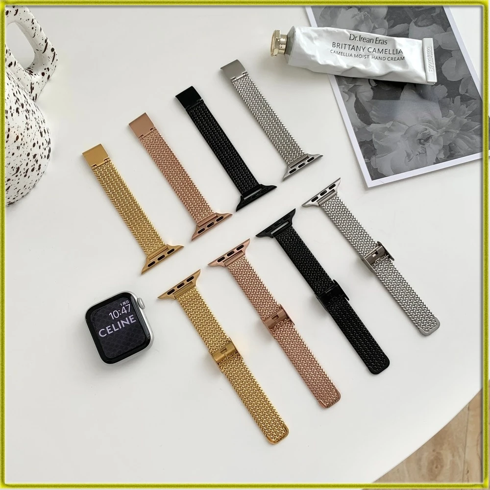 سوار ساعة العلامة التجارية الجديدة حزام ساعة اليد لساعة iwatch1234567se بسيط نمط الأذن القمح الفولاذ المقاوم للصدأ حزام ساعة لساعة أبل