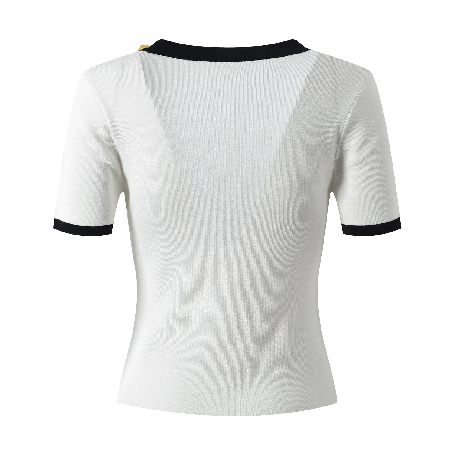 Summer Newest Designed Buttons Square Collar Lady T-shirt Colorblock Short Sleeve Women Knits Tops