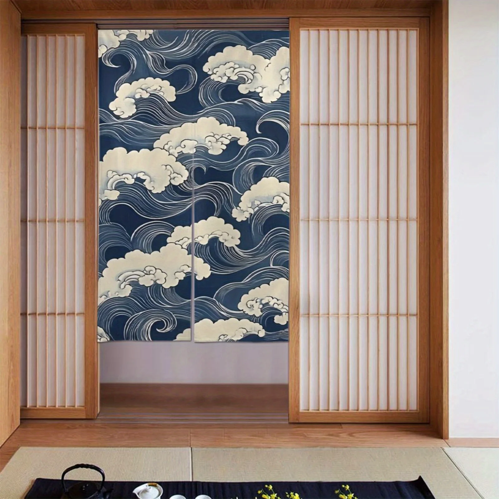 Tranquil Japanese Wave Noren Curtain, Navy Blue Wave & Cloud Print, Serene Izakaya & Tea Room Decor Room Divider