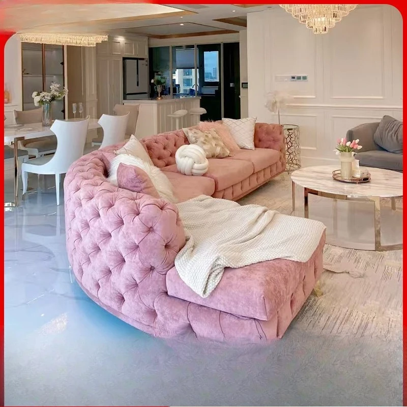 Living room pink curved corner villa sofa, pull buckle fabric combination designer electric