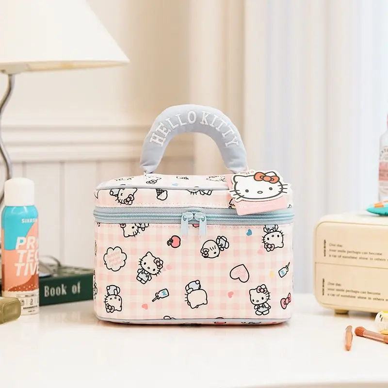 Cute Hello Kitty Checkered Travel Makeup Bag, Multi-Functional Cosmetic Storage Organizer with Handle, Cartoon Plaid Toiletry view 6