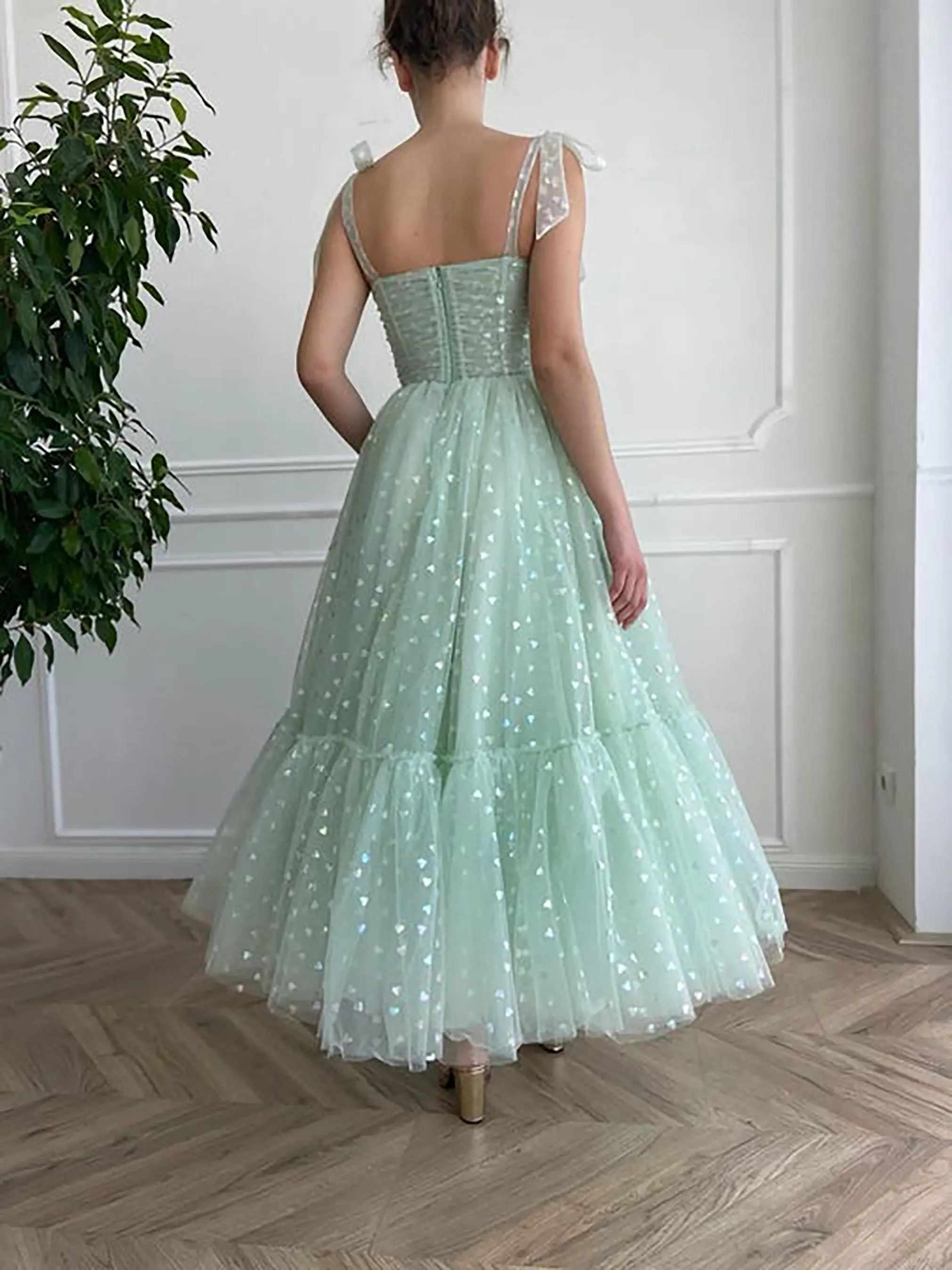 Cloverbridal Mint A-Line Fee Glitter Tule Enkellange Cocktailjurk Sweetheart Strik Bandjes Verjaardagsjurk Met Zakken Wc9740