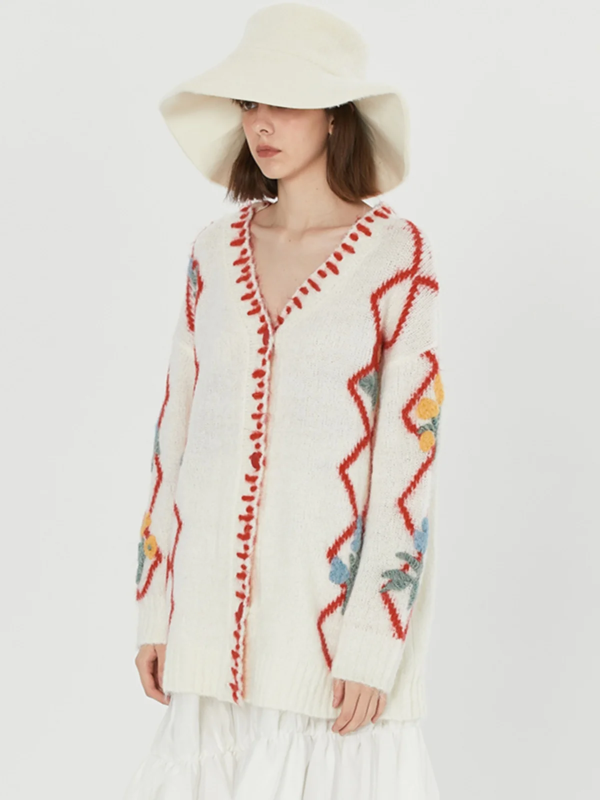 

Loose Knitted Open Cardigan Women's Original Hand Hooked Flower Woolen Sweater Jaet Artistic Sle V-ne Long Sve