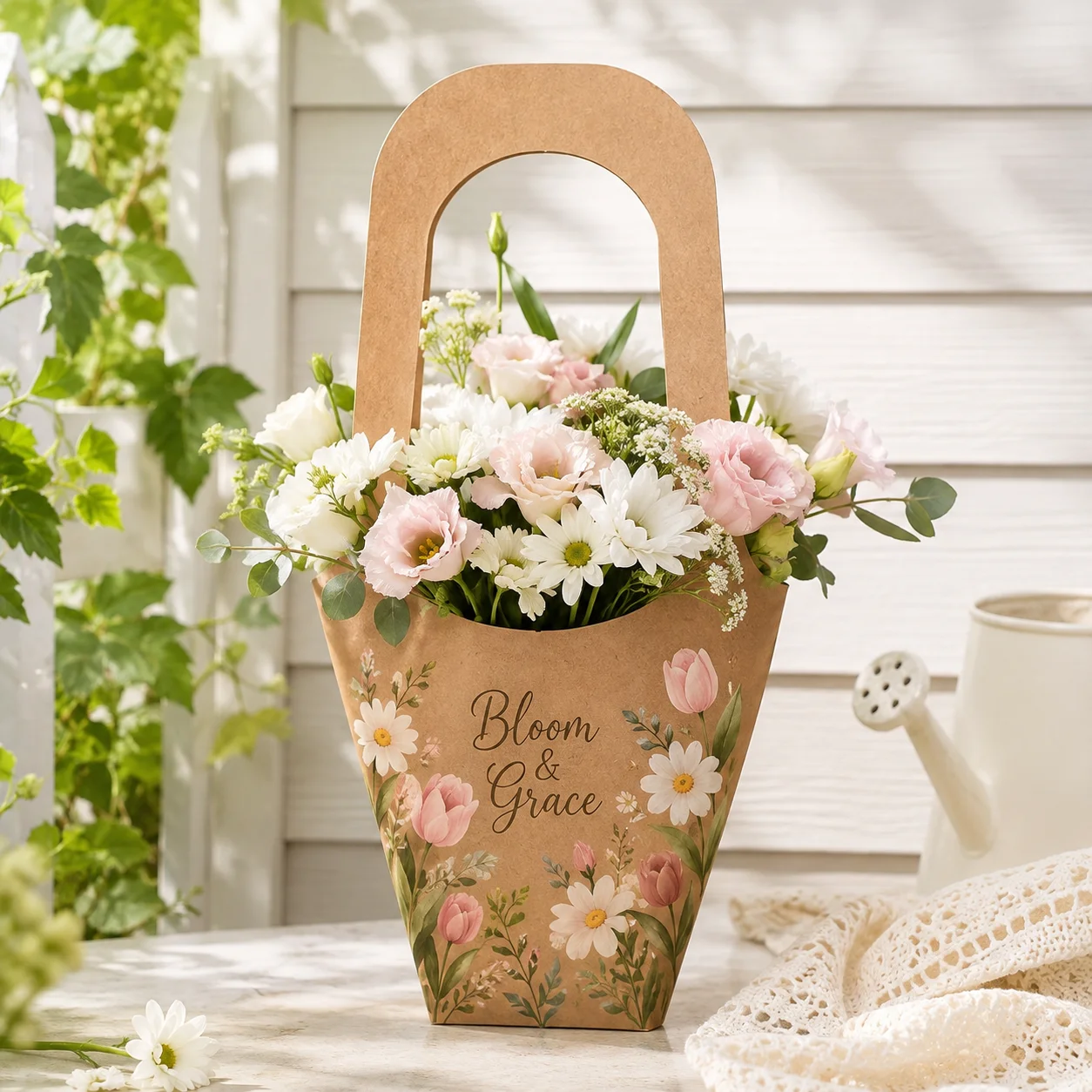 Personalized Flower Basket Custom Paper Flower Carrier with Handle UV Printed Cardstock Bouquet Bag for Wedding Gift Packaging