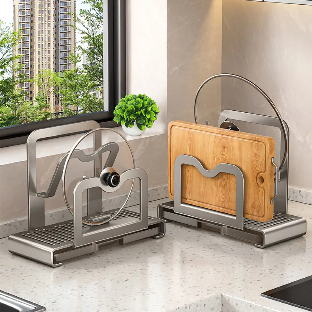 Kitchen Pot Lid Stand Organizer Space Aluminum Countertop Storage Shelf Multifunctional Cooking Utensil Holder Rack