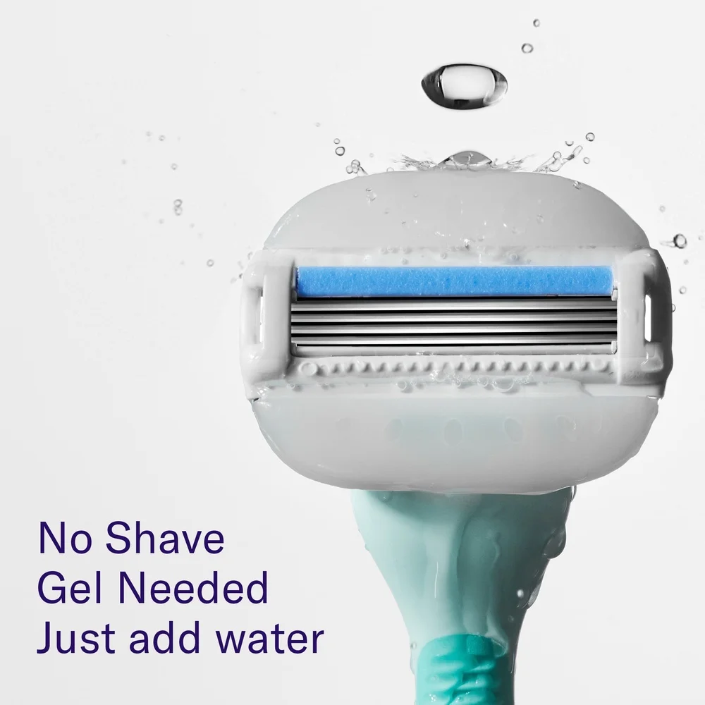 Women's Moisture Plus Razor Set with Ergonomic Handle 4 Stainless Steel Blades 2 Refill Cartridges Shower Holder No Gel Needed