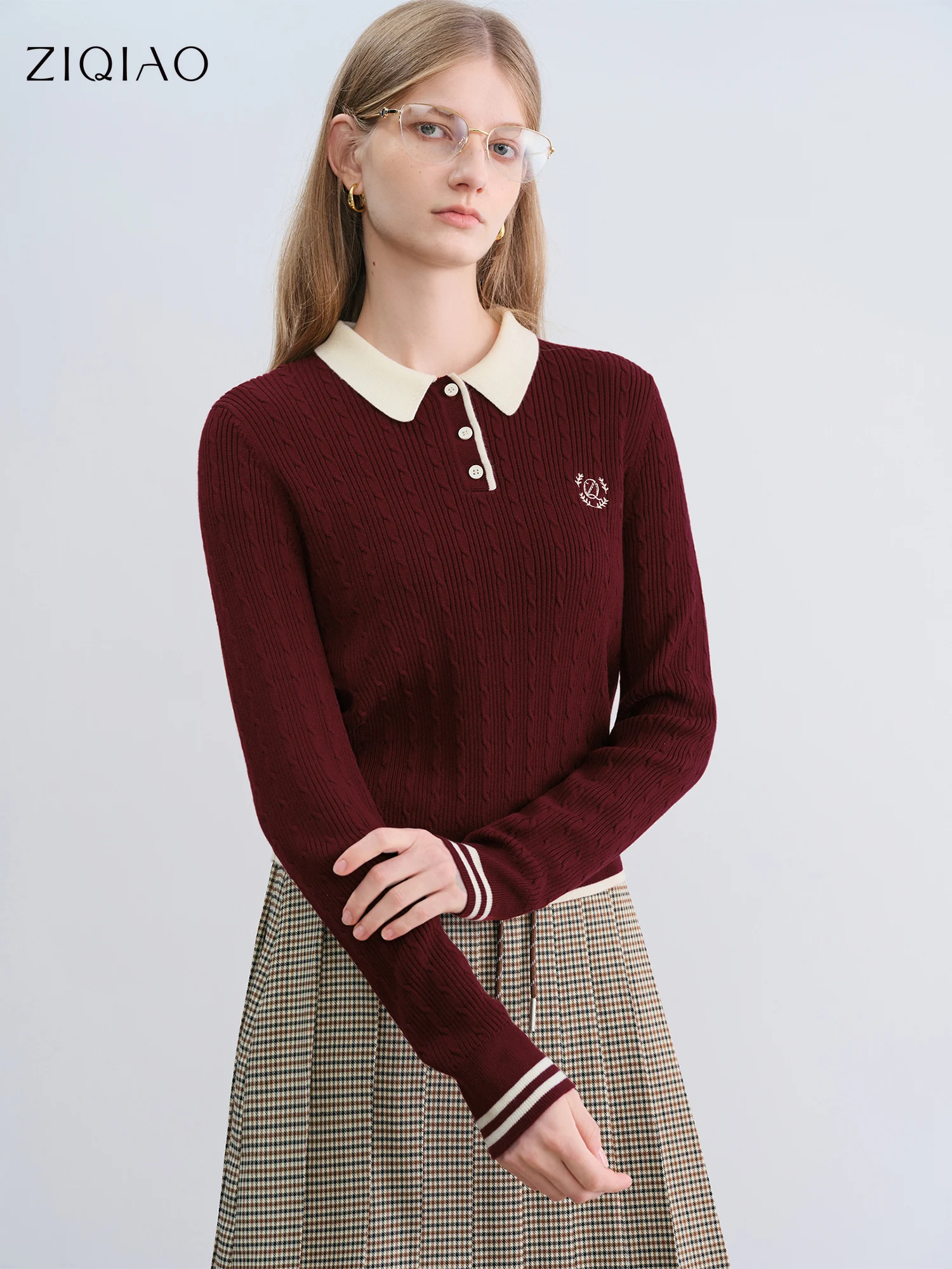 ZIQIAO Petite Size Retro Red Navy Blue College Style Polo Sweater For Women 2025 Autumn New Arrival Lapel Knitted Top 25ZQ93047