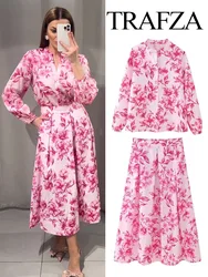 TRAFZA Women 2 Piece Set Floral Print Long Sleeves Single-Breasted Casual Shirts Tops+Vintage High Waist Zipper Slim Long Skirt