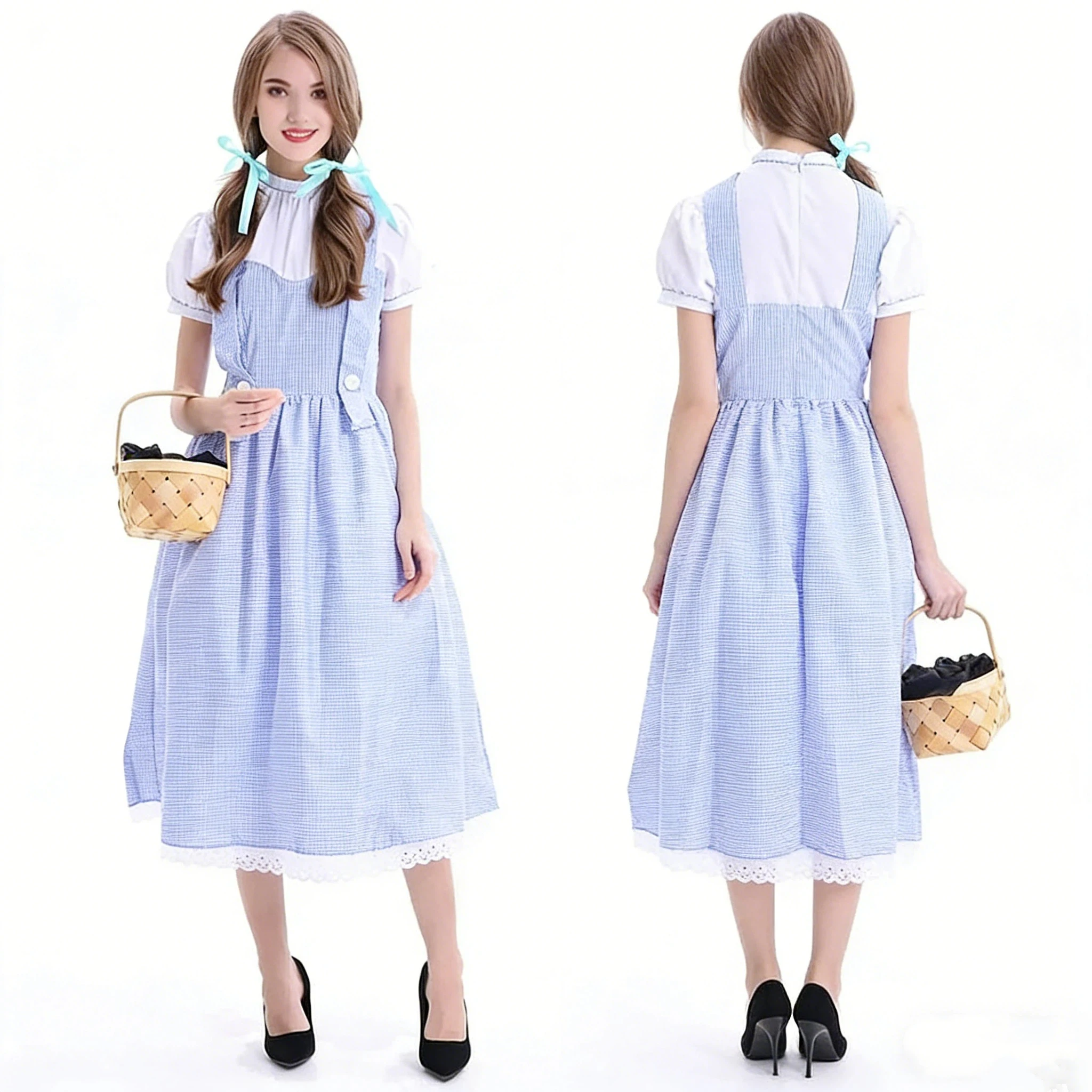 

Adult Women Blue Gingham Maid Dress Maids Pastoral Character Costumes Halloween Carnival Cosplay Dresses