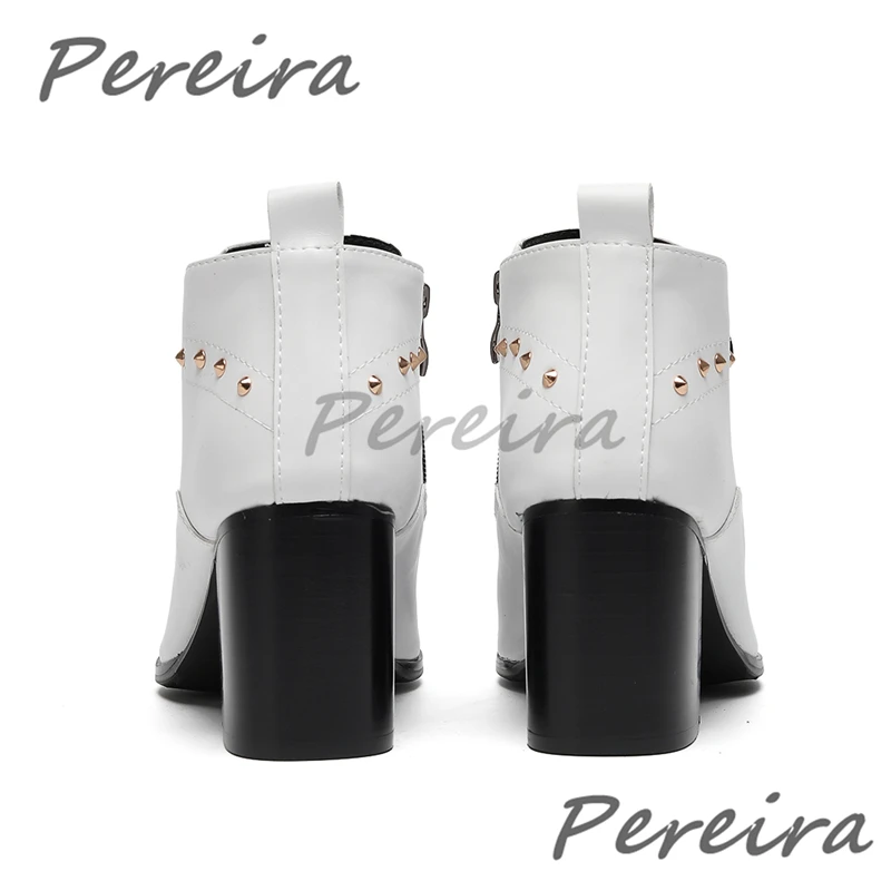Black White Genuine Leather 7CM High Heels Short Boots Trend Pointy Toe Rivet Double Zipper Ankle Boots Business Dress Shoes