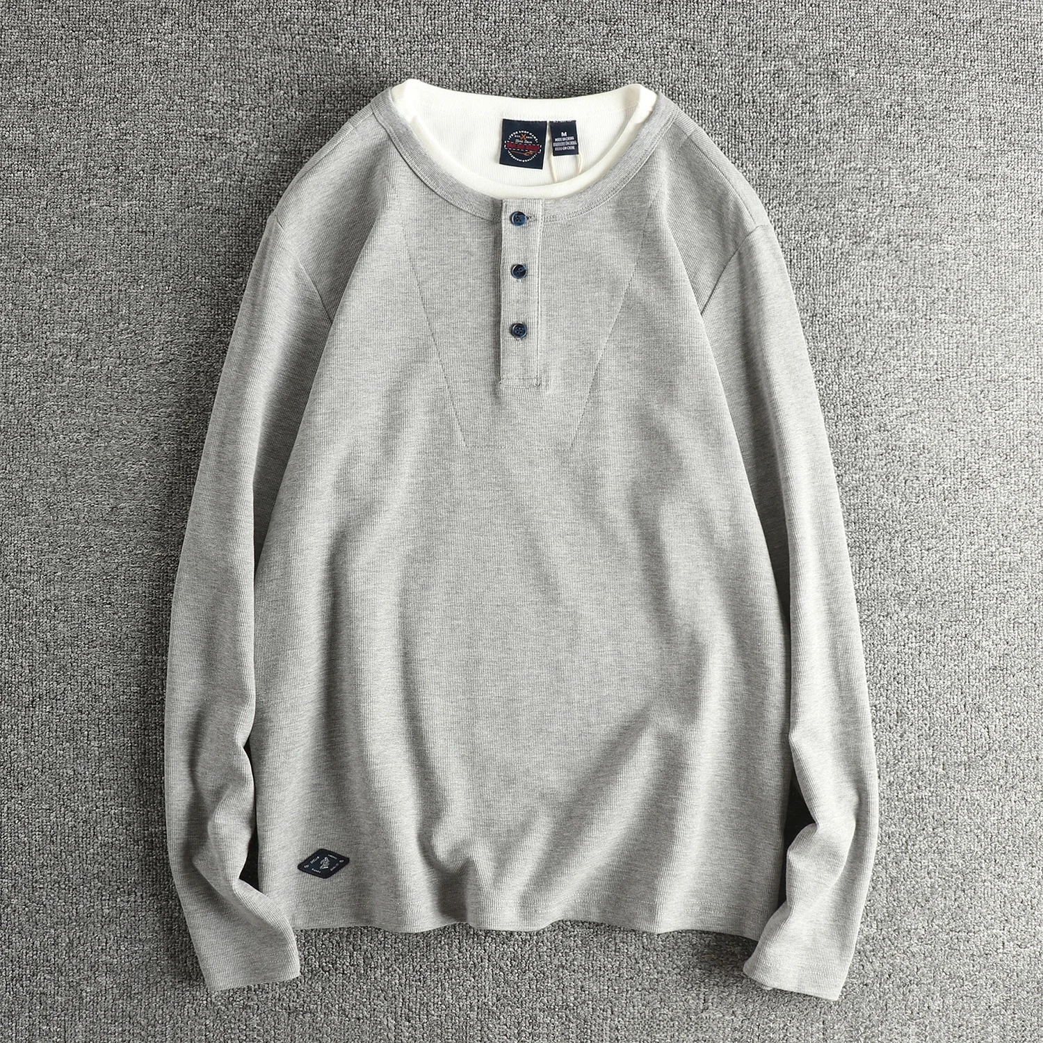

Retro Style Long Sleeve T-Shirt Men's Patchwork Waffle Texture Fabric Color Block Henry Collar Base Shirt Skin Friendly Breat...