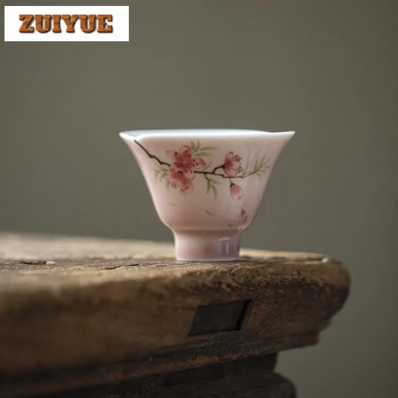 2pc/lot Hand-painted Peach Blossom Teacup Creative Tea Bowl Cute Cup Tea-tasting Fragrance Cup Jianzhan Master Cups Teaware 45ml