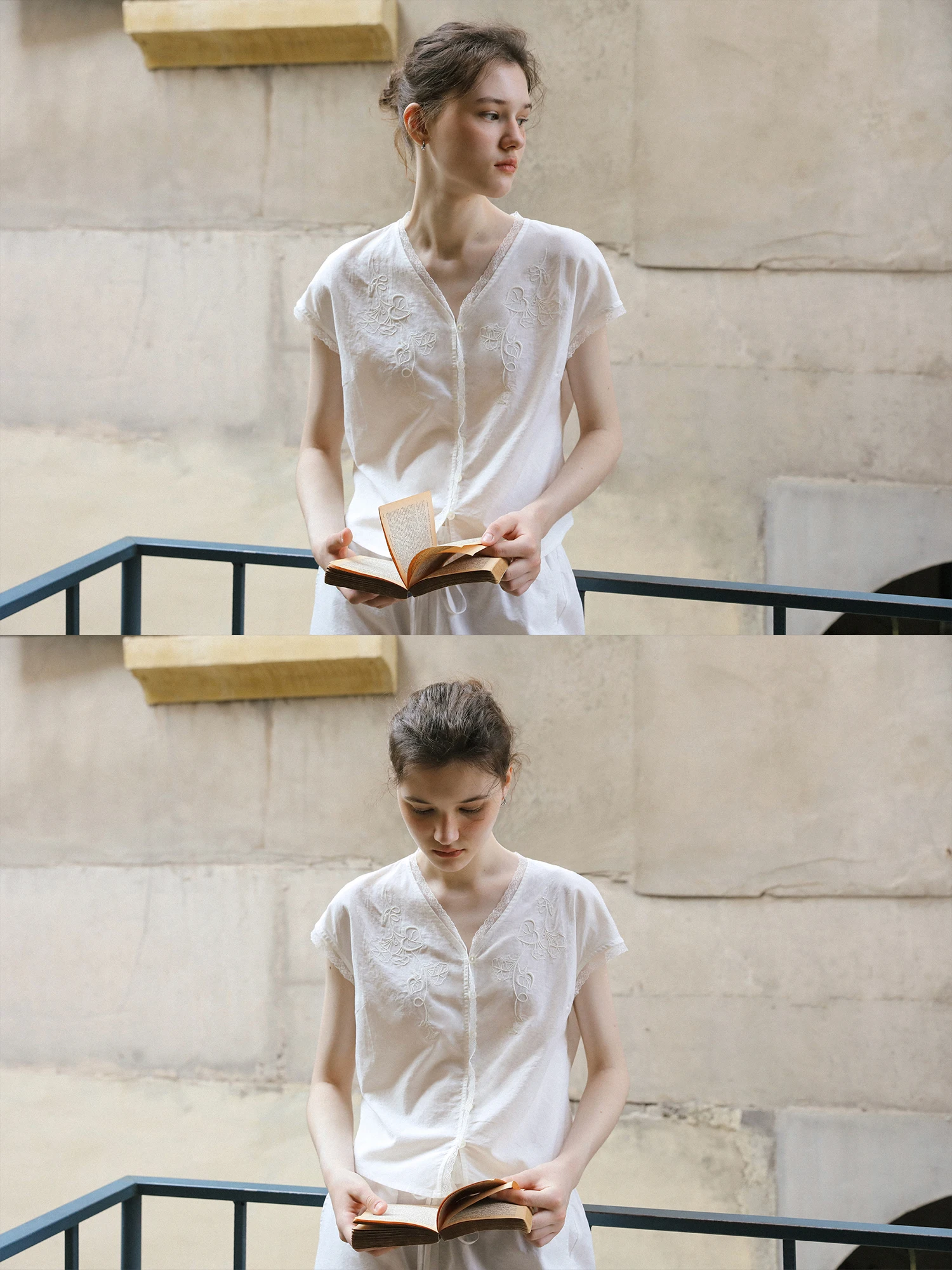 LLANO Summer Women's Shirt Lace Embroidery See-through Vintage Top Short Sleeve V-neck Floral Pattern Breathable Comfortable