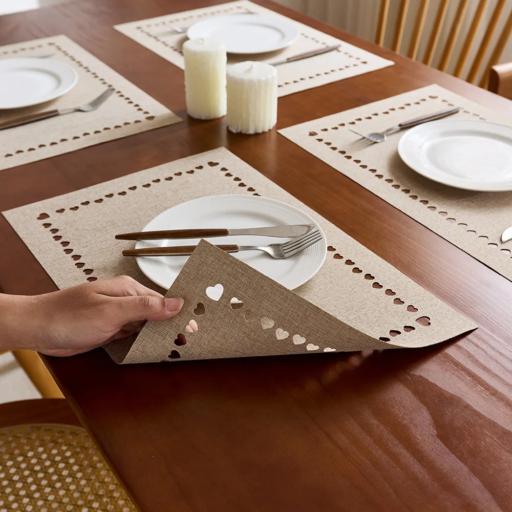 1Pc Linen‑Look Vintage Hollow Placemat, Anti‑Slip Stain‑Resistant Heat‑Resistant Dining Table Mat for Home Western Table Decor