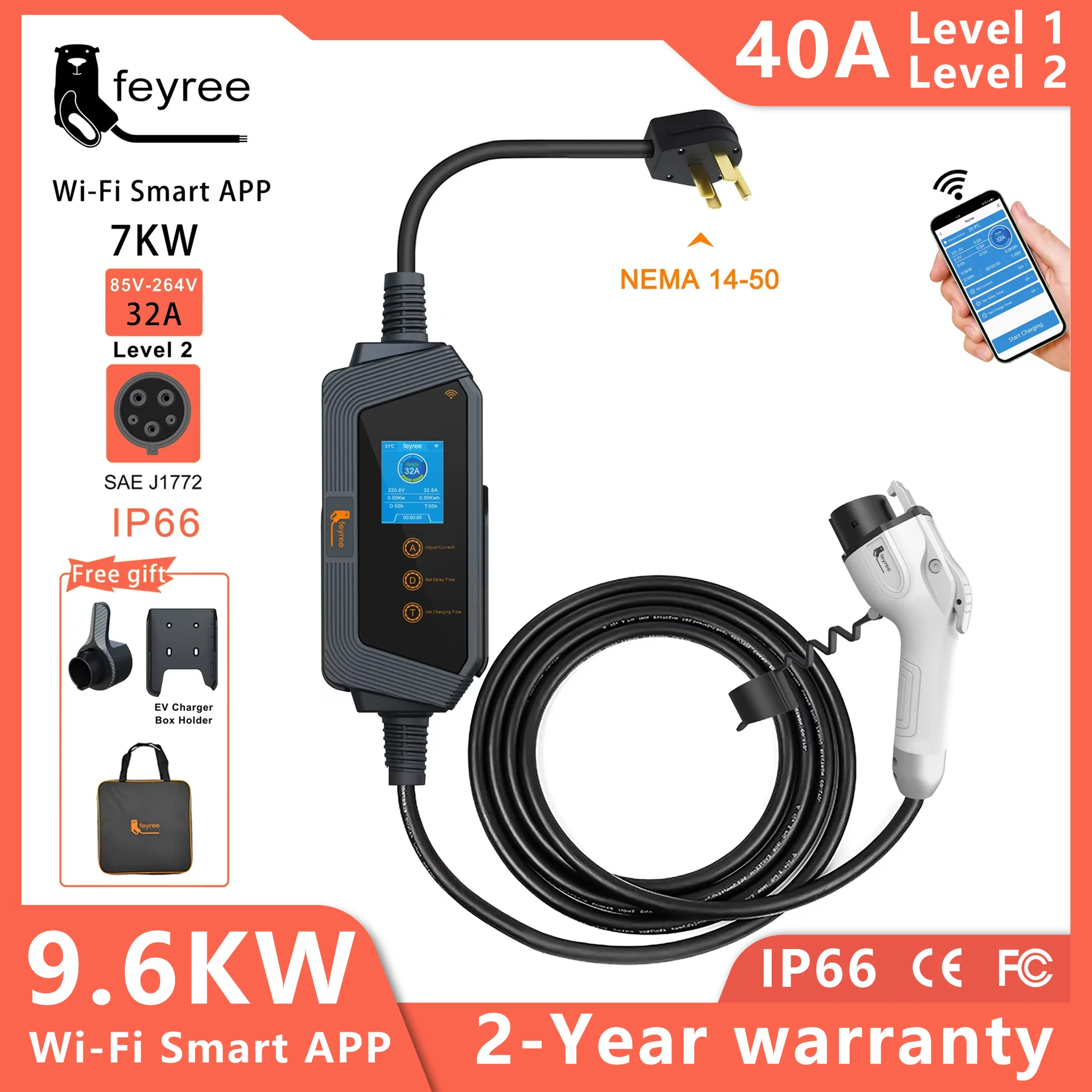 feyree Type1 50A 40A 32A 1Phase Portable EV Charger J1772 Socket Fast Charging Smart APP WIFI Control Version for Electric Car