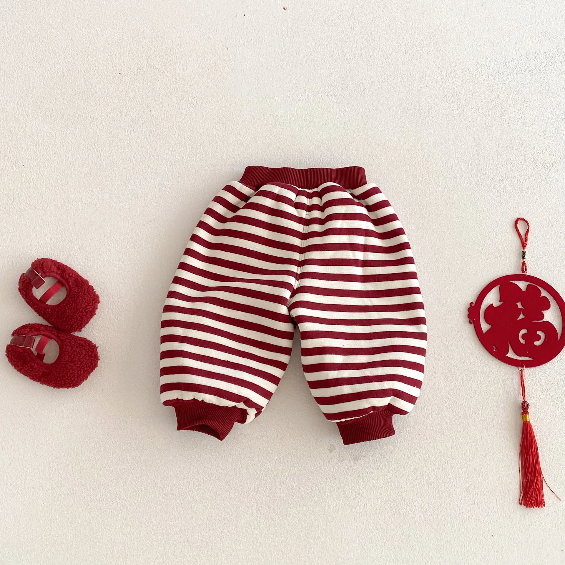 

2025 New Winter Kids Clothes Thicken Fleece Pants 0-5Y Girls Boys Chinese New Year Striped Pants Warm Festive Clothes