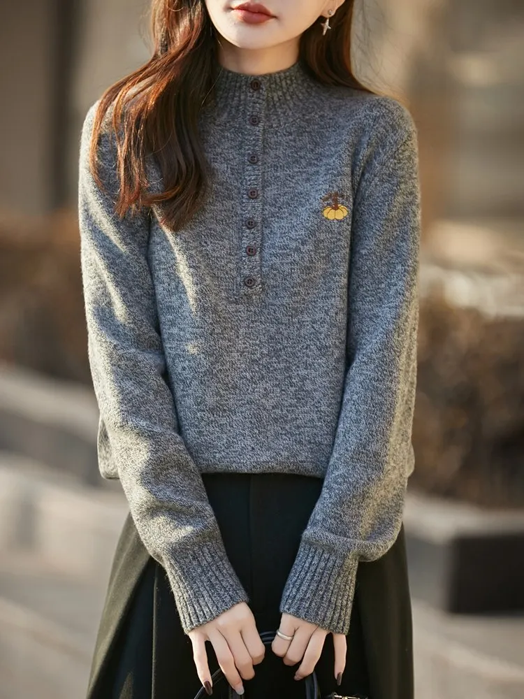 

Thiened Single-Button Knitted Sweater Women's ey Versatile Sli Outerwear Base irt Stand Collar Long Sve Regular Fit