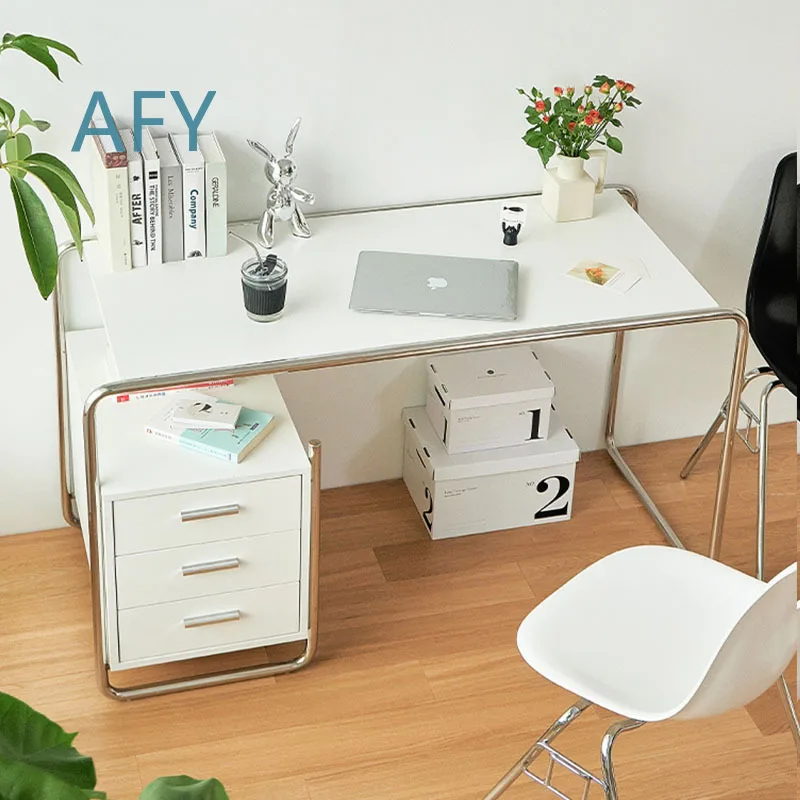 Medieval Bauhaus Style Desk for Office Home Use with Drawers Single Writing Desk Simple Stylish Stainless Steel Computer Desk