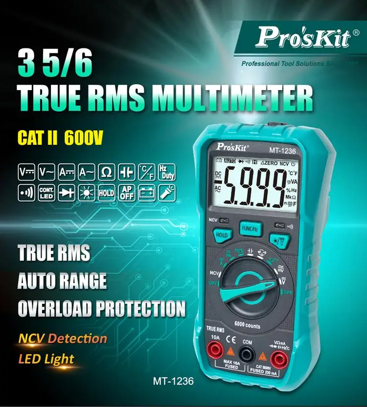 Pro'sKit MT-1236 / MT-1217 Auto Range True RMS Digital Multimeter, NCV Voltage Tester Handheld DMM for Electrical Maintenance